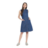 Solid blue denim dress, short sleeves, knee length