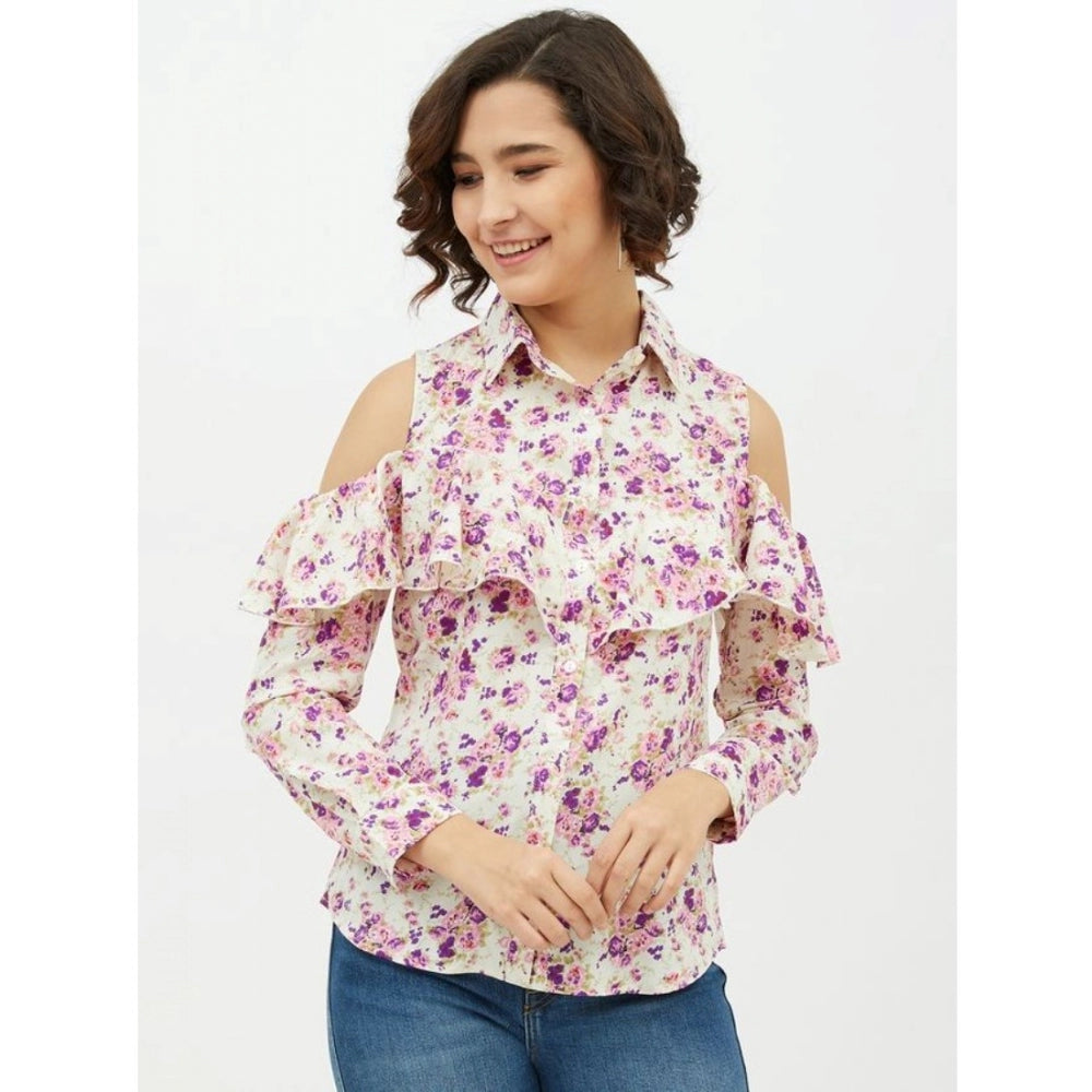 White polyester floral cold shoulder shirt with standard length, featuring floral pattern on a collar neckline