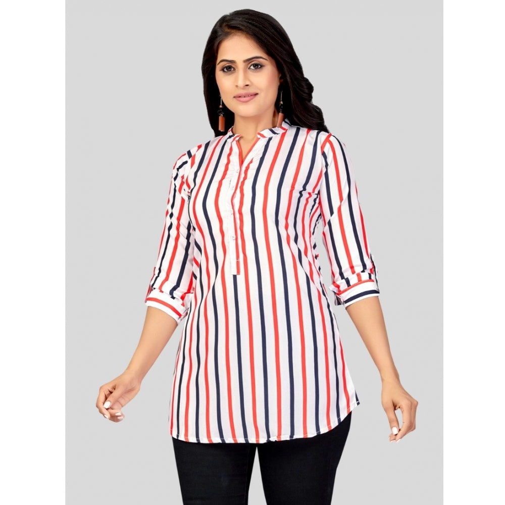 White striped poly crepe mandarin collar short top with 3/4 sleeves