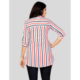 White striped poly crepe mandarin collar 3/4 sleeves short top for women on model