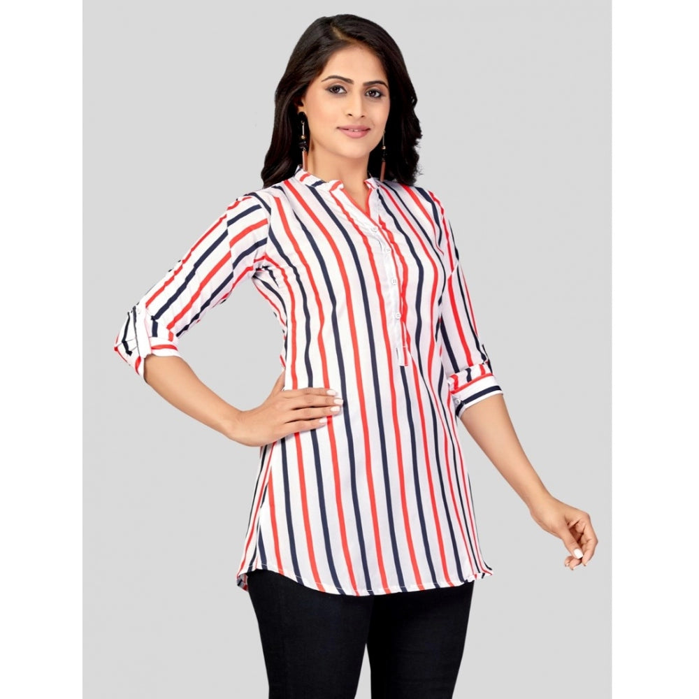White striped poly crepe women's mandarin collar short top with 3/4 sleeves