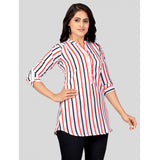 White striped poly crepe women's mandarin collar short top with 3/4 sleeves