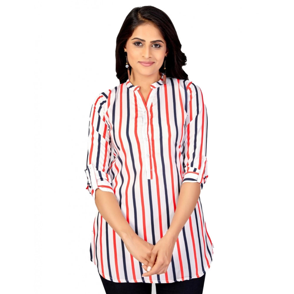 White striped poly crepe mandarin collar 3/4 sleeves short top on hanger
