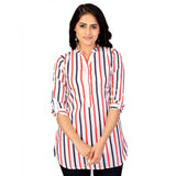 White striped poly crepe mandarin collar 3/4 sleeves short top on hanger