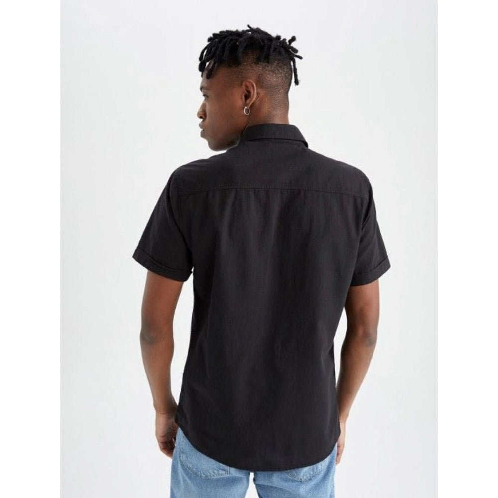 Black cotton blend men's half-sleeve solid shirt