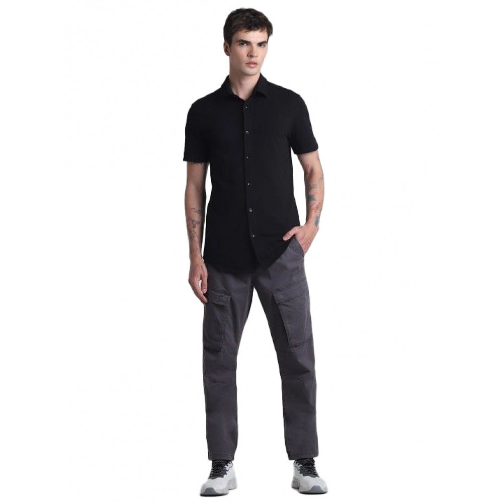 Black cotton blend men's regular half-sleeve solid shirt, durable for everyday wear