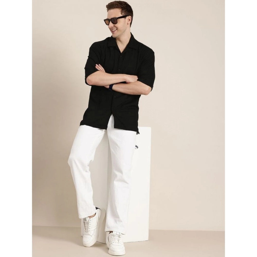 Black cotton blend men's half-sleeve solid shirt, ideal for everyday wear