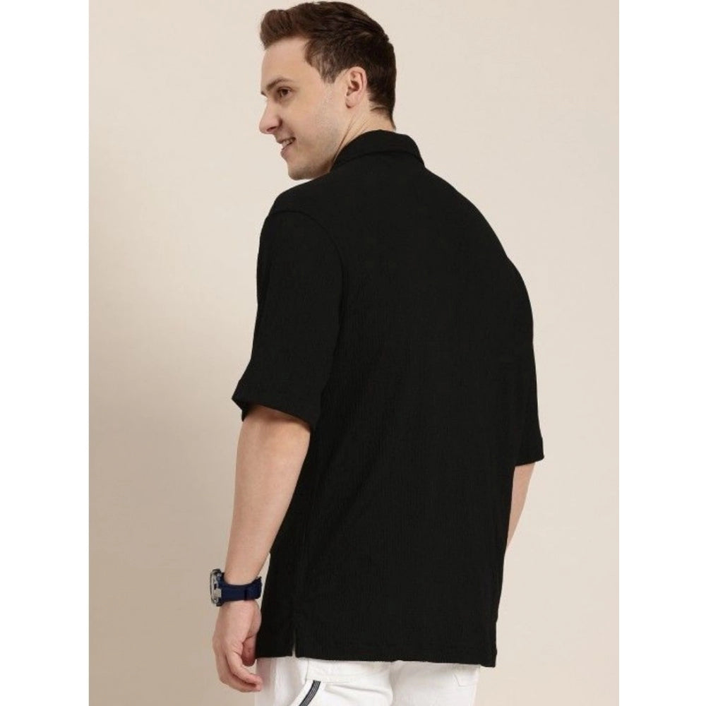 Black cotton blend men's half-sleeve solid shirt - versatile everyday style
