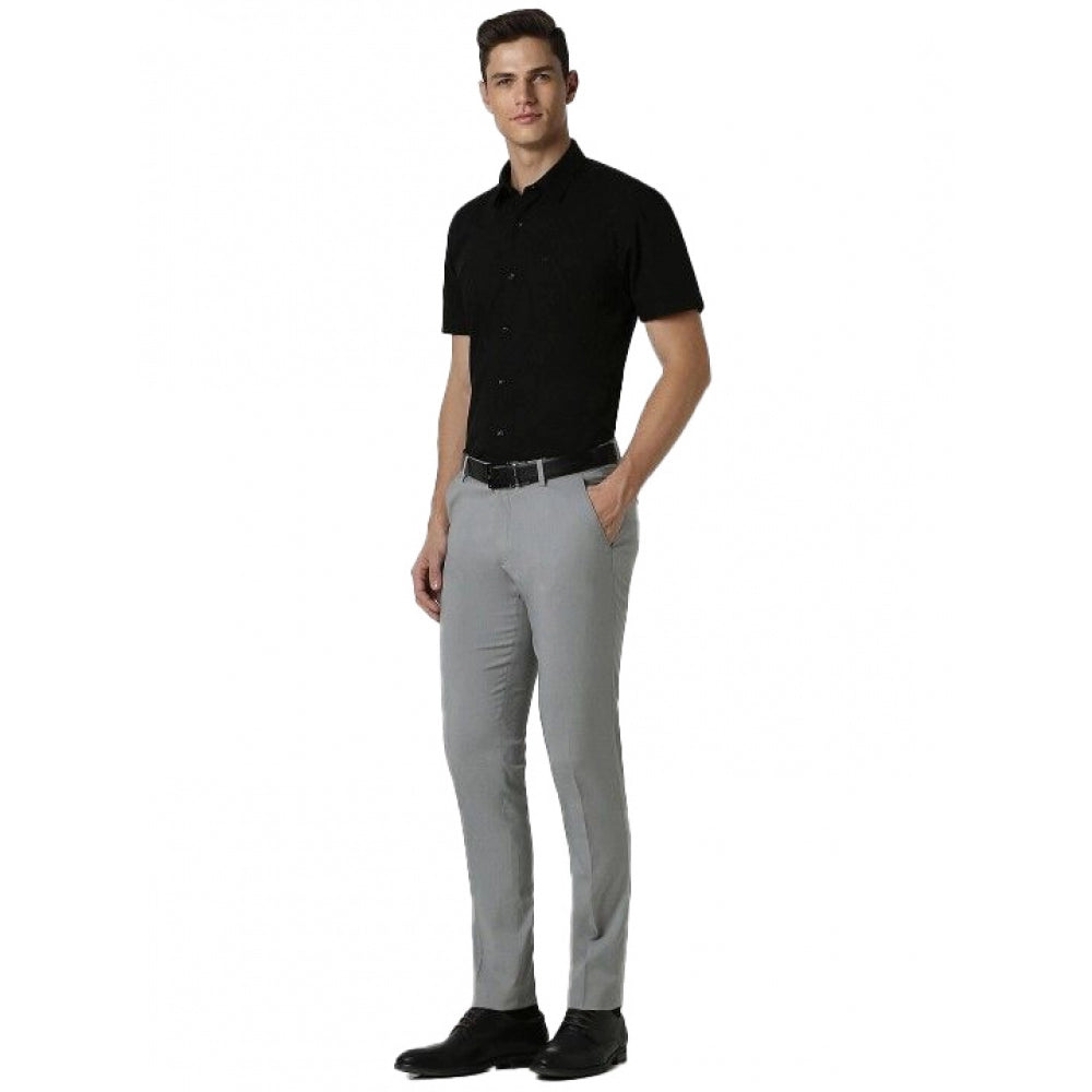 Black cotton blend men's regular half-sleeve solid shirt on hanger