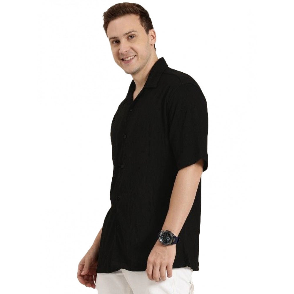 Black cotton blend men's half-sleeve solid shirt