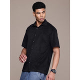 Black cotton blend men's half-sleeve solid shirt - fashionable everyday essential for work or casual wear
