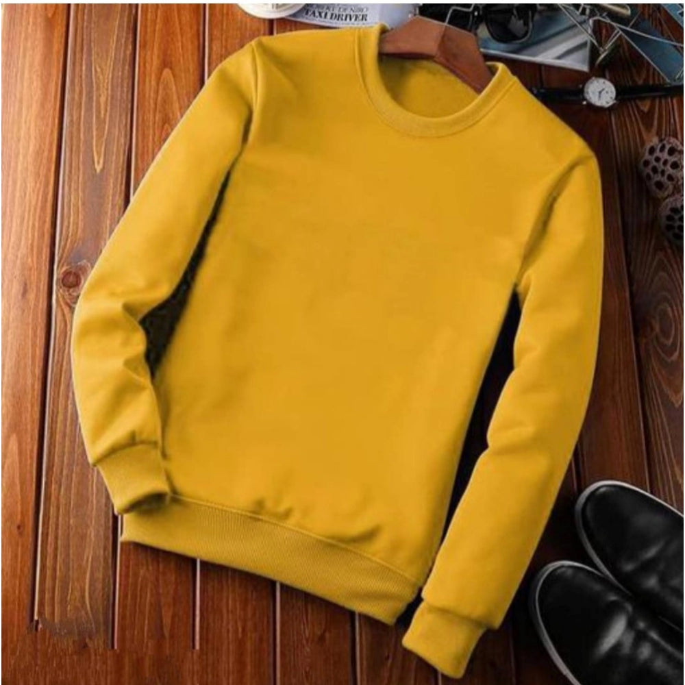 Orange fleece men's casual solid round neck long-sleeve sweatshirt, cozy loungewear for leisure activities