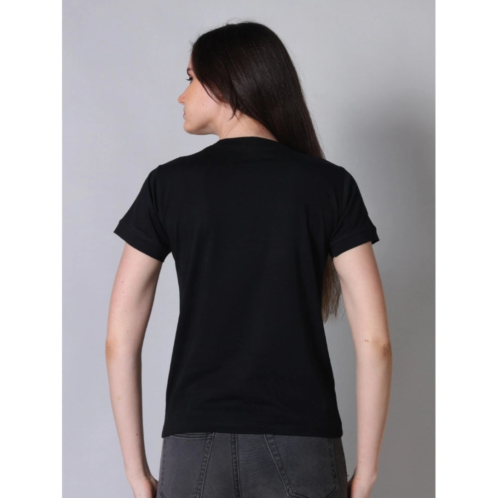 Black cotton blended women's half sleeve round neck T-shirt, solid design on display