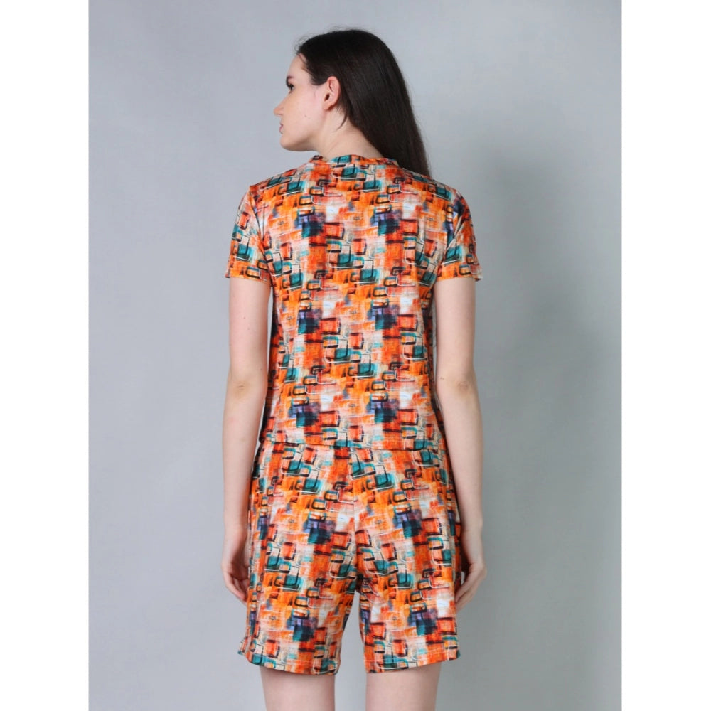 Orange cotton-blend printed round neck half sleeve top-shorts set for women, vibrant orange pattern on casual wear set