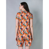 Orange cotton-blend printed round neck half sleeve top-shorts set for women, vibrant orange pattern on casual wear set