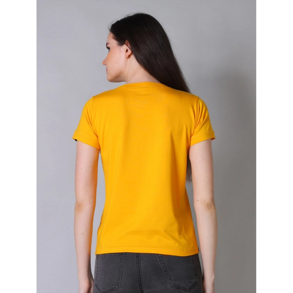 Mustard cotton blended women's round neck half-sleeve t-shirt, solid design on model