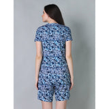White-Blue Cotton Blended Women's Printed Round Neck Short Sleeve Top-Shorts Set, vibrant pattern on casual ensemble