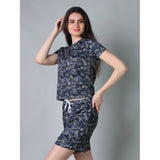 Navy cotton blended printed round neck half sleeve top-shorts set for women's casual wear, navy patterned outfit