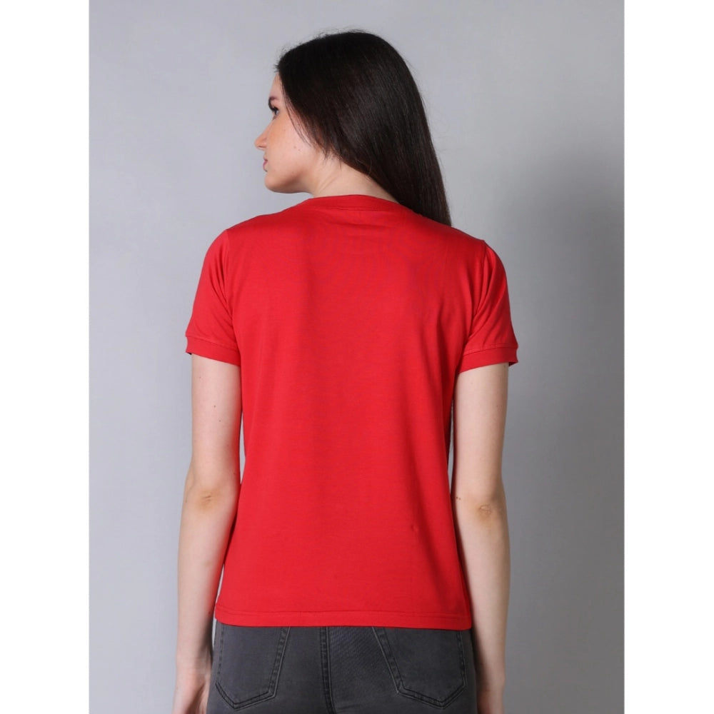 Red cotton blended round neck half-sleeve t-shirt for women on mannequin
