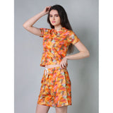 Yellow cotton blended printed round neck half sleeve top-shorts set, vibrant summer fashion