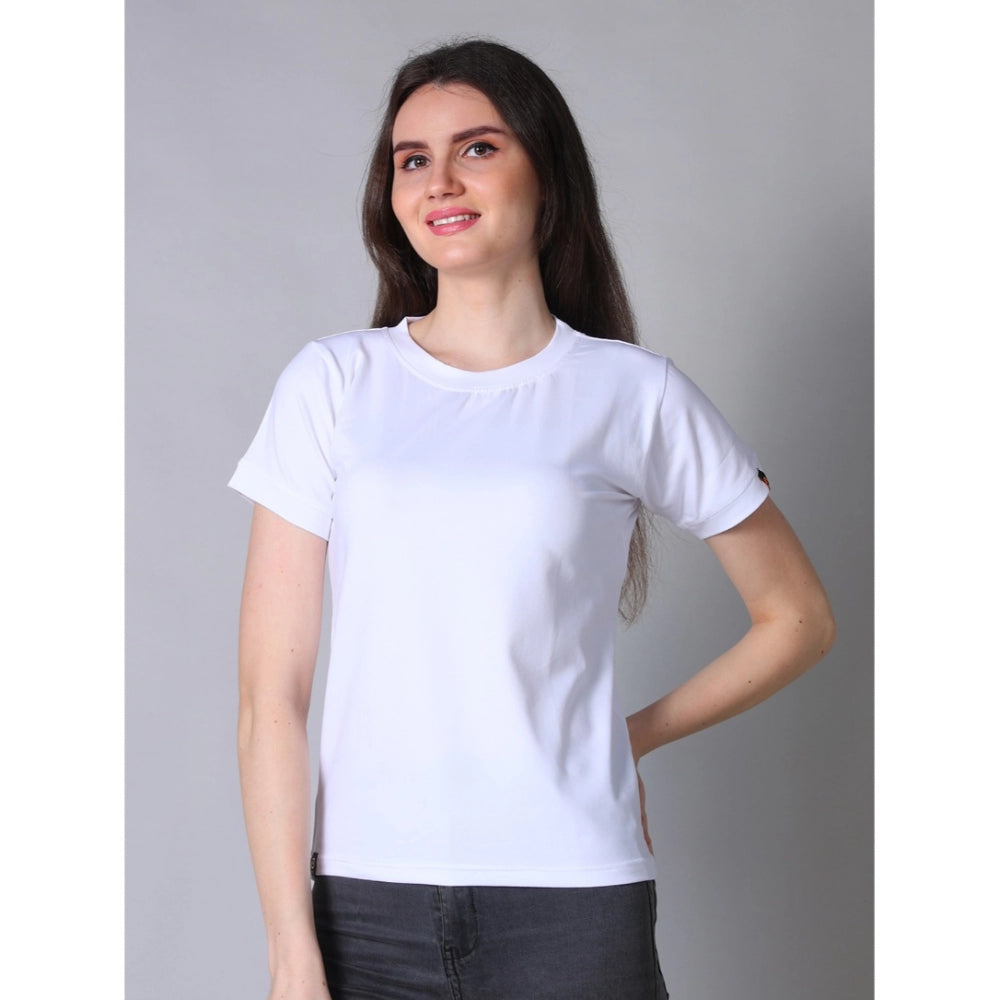 White cotton blended half-sleeve round neck t-shirt for women, solid design on display