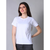 White cotton blended half-sleeve round neck t-shirt for women, solid design on display