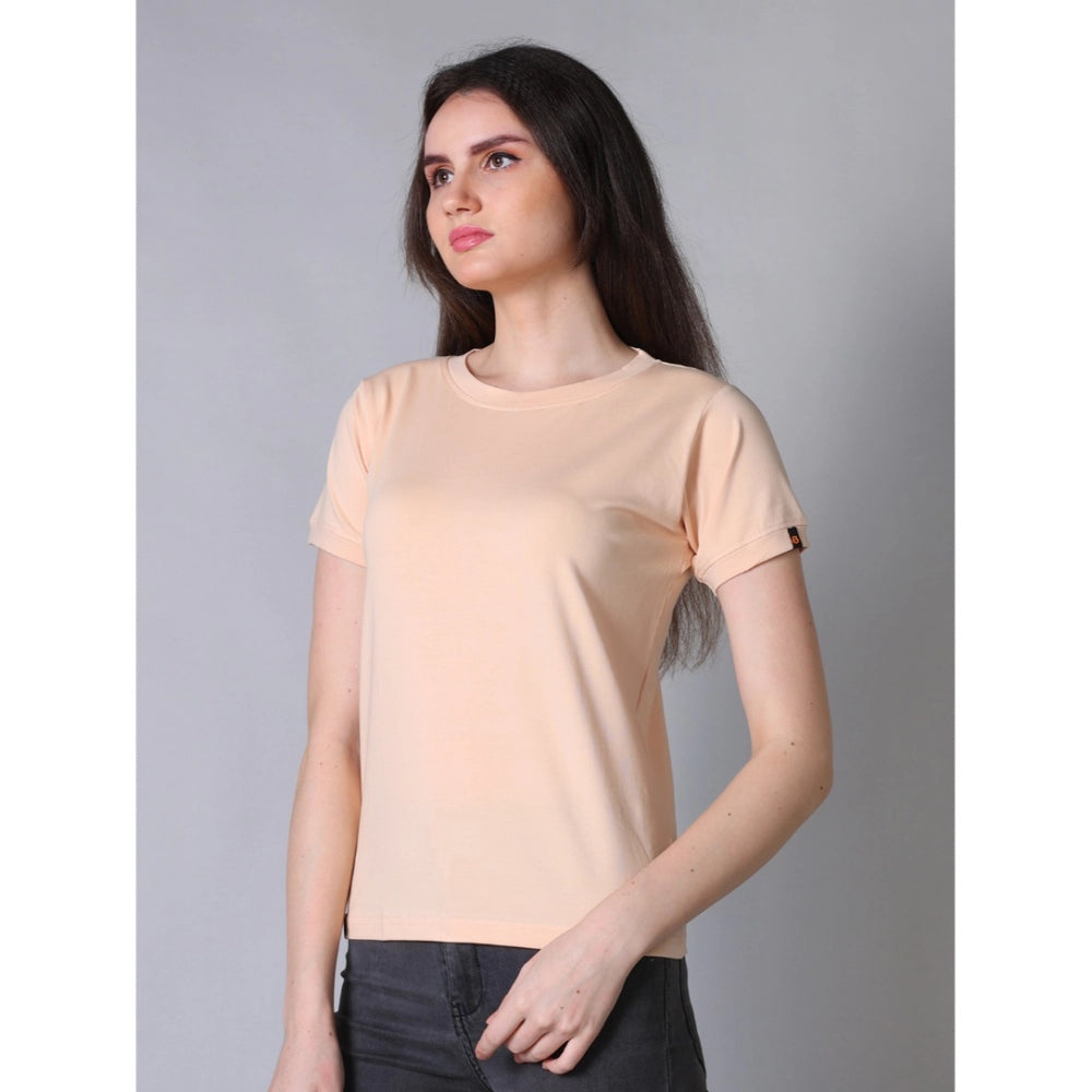 Peach cotton blended women's round neck half sleeve t-shirt, solid design on clothing rack