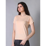 Peach cotton blended women's round neck half sleeve t-shirt, solid design on clothing rack