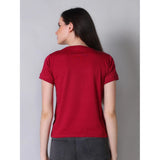 Maroon cotton blend round neck half sleeve women's t-shirt