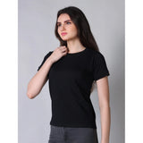 Black cotton blended round neck half sleeve T-shirt for women, solid design