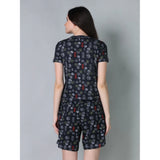 Black cotton blended printed round neck half sleeve top - shorts set, stylish fashion for women's casual wear