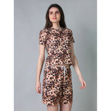 Peach cotton blended printed round neck half sleeve top-shorts set for women's fashion, vibrant pattern on display