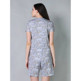 Grey cotton-blend printed round neck half sleeve top - shorts set, vibrant pattern design for women's casual wear