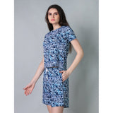 White-Blue cotton blended printed round neck half sleeve top-shorts set for women, featuring a vibrant pattern design