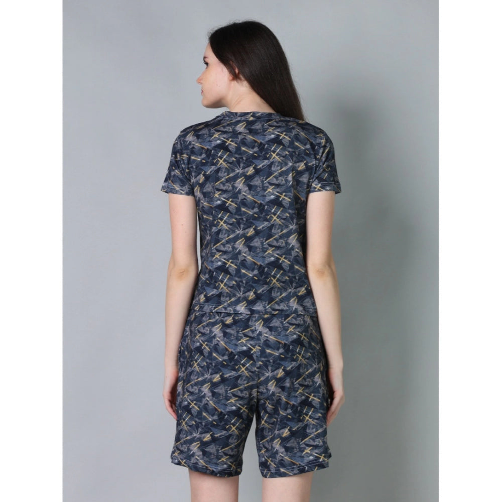 Navy cotton-blend printed round neck half sleeve top & shorts set - stylish vacation wear