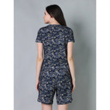 Navy cotton-blend printed round neck half sleeve top & shorts set - stylish vacation wear