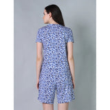 Blue cotton-blend printed round neck half sleeve top & shorts set, vibrant patterns for women's casual wear