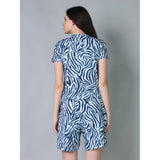 Women's Cotton Blended Printed Round Neck Half Sleeve Top - Shorts Set (Blue)