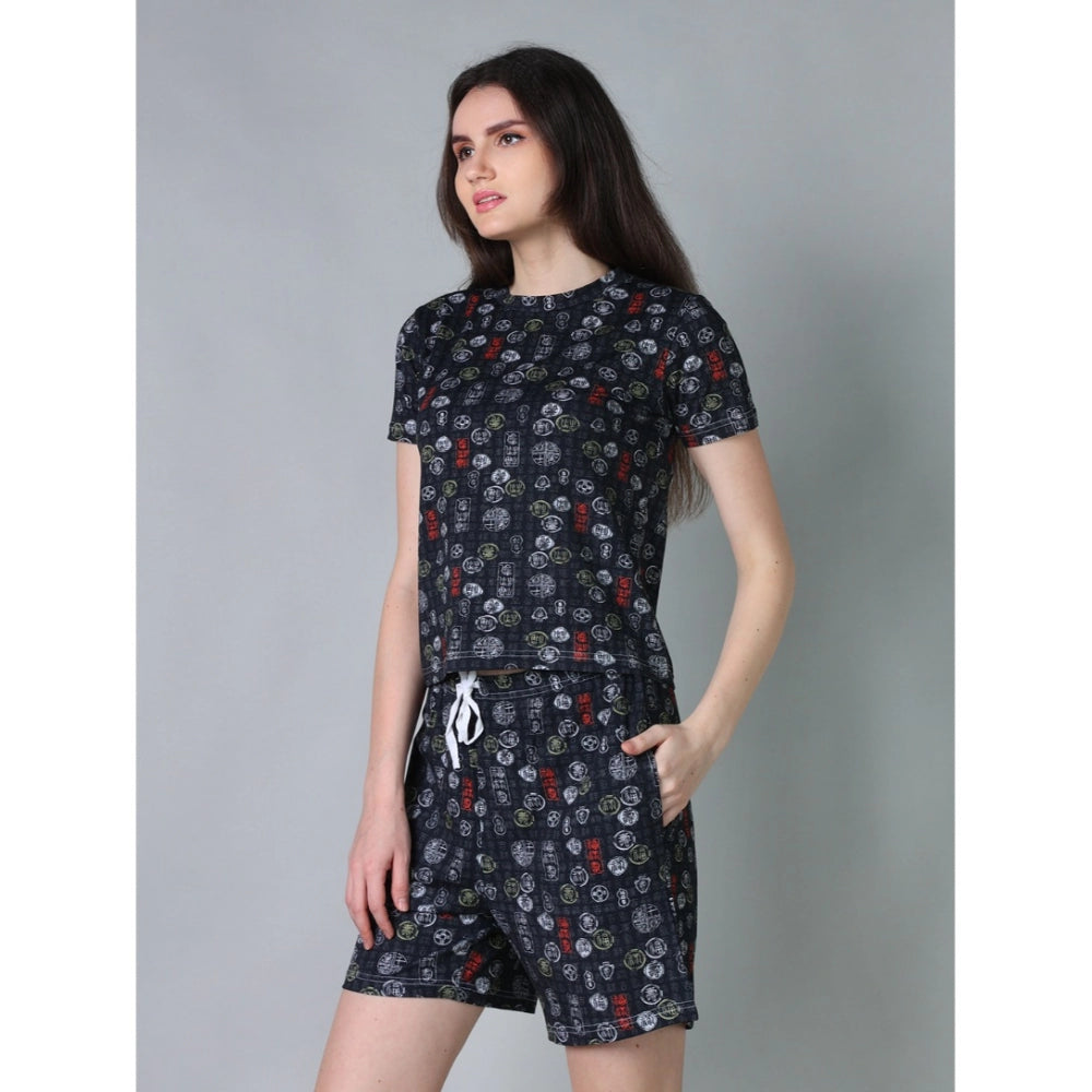 Black cotton-blend printed round neck half sleeve top & shorts set - fashionable casual wear for women