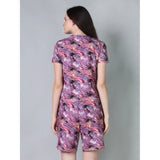 Women's Cotton Blended Printed Round Neck Half Sleeve Top - Shorts Set (Purple)