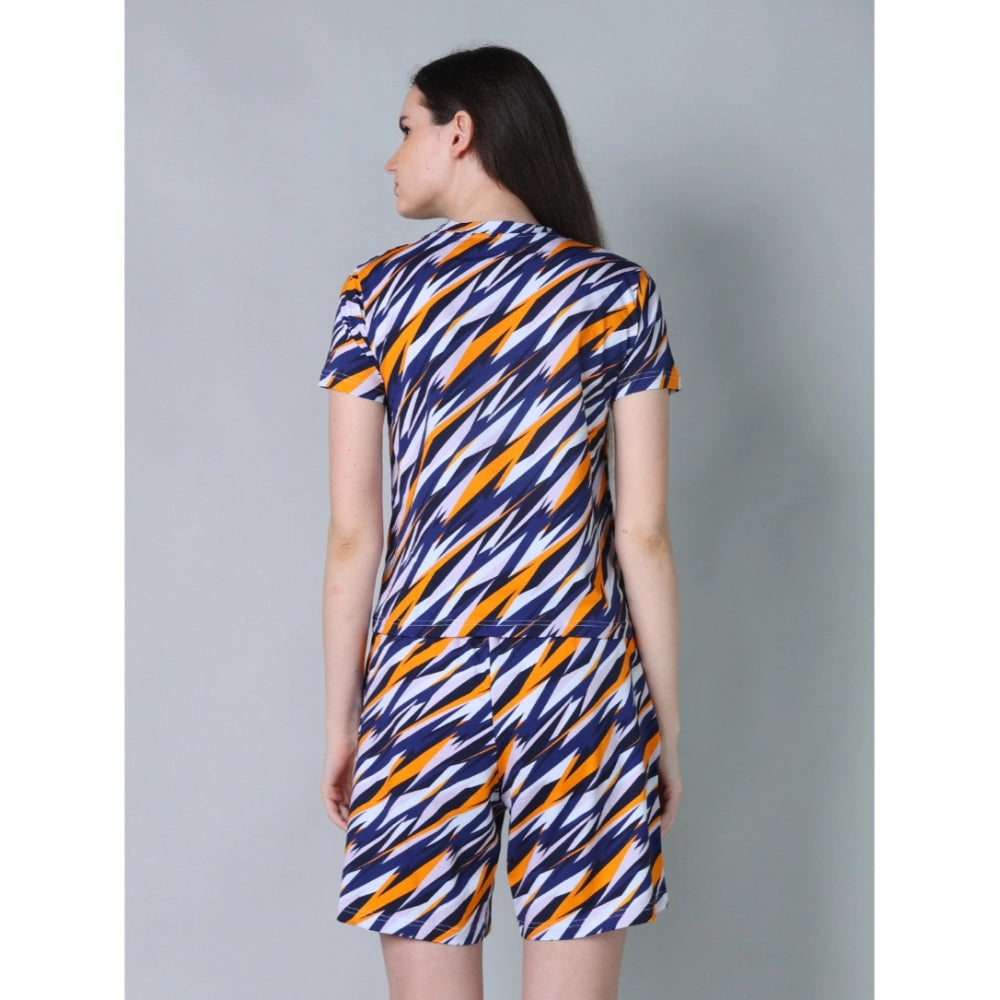 Yellow cotton-blend printed round neck half sleeve top & shorts set for women, vibrant pattern design on casual wear