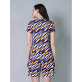 Yellow cotton-blend printed round neck half sleeve top & shorts set for women, vibrant pattern design on casual wear