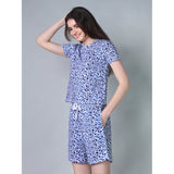 Blue cotton-blend printed round neck half sleeve top & shorts set, fashionable vacation attire for women