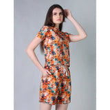 Orange cotton-blend printed round neck half sleeve top-shorts set for women, vibrant pattern design