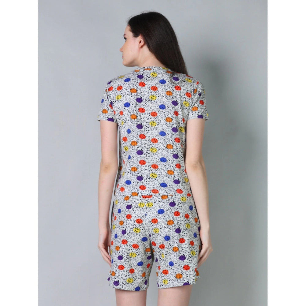 Grey cotton blended printed round neck half sleeve top & shorts set - vibrant design for women's fashion