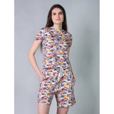 Women's Cotton Blended Printed Round Neck Half Sleeve Top - Shorts Set (Multicolor)