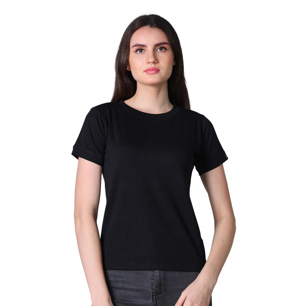 Black cotton blended half sleeve round neck t-shirt for women, solid design on display
