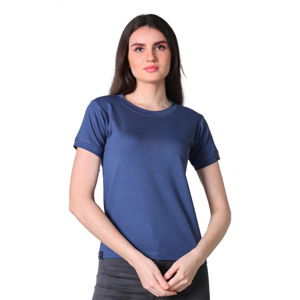 Blue cotton blended women's half sleeve round neck t-shirt, solid design