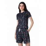 Black cotton-blend printed round neck half sleeve top-shorts set, versatile summer fashion for women