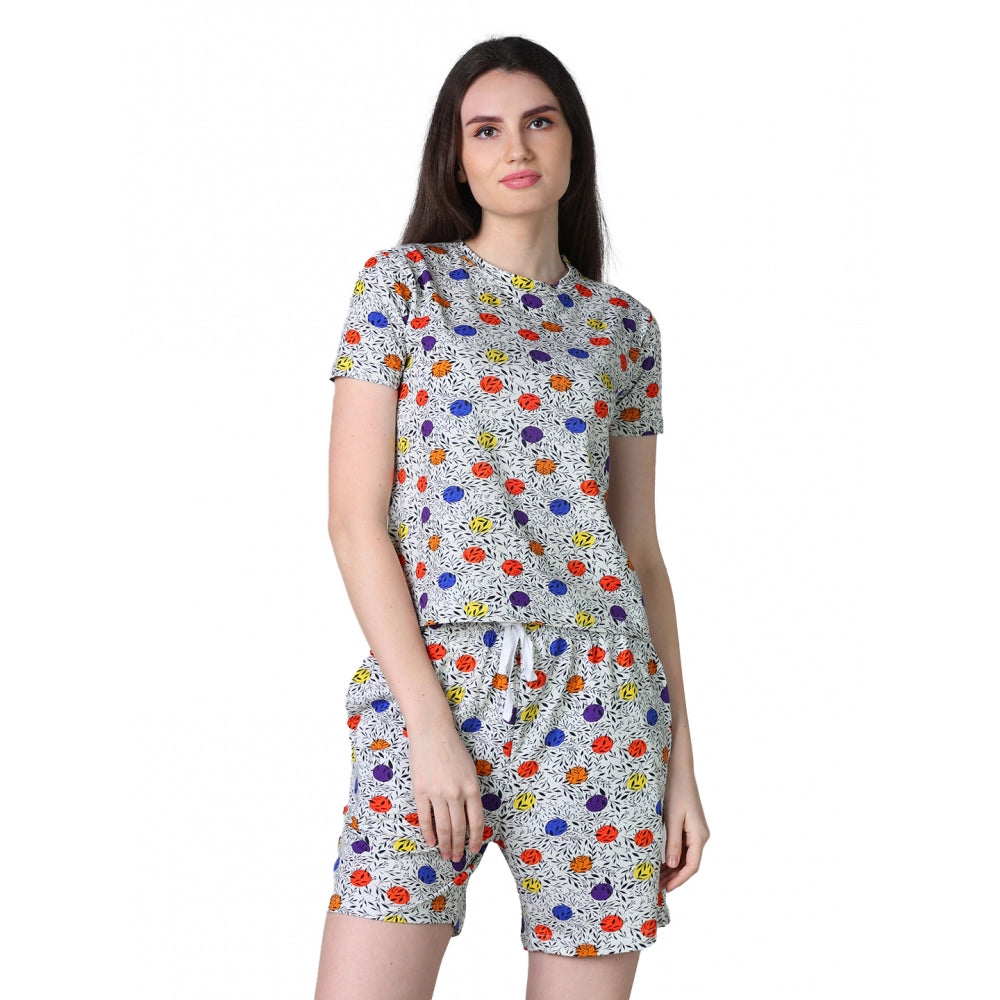 Grey cotton blended printed round neck half sleeve top & shorts set - women's casual fashion set on mannequin